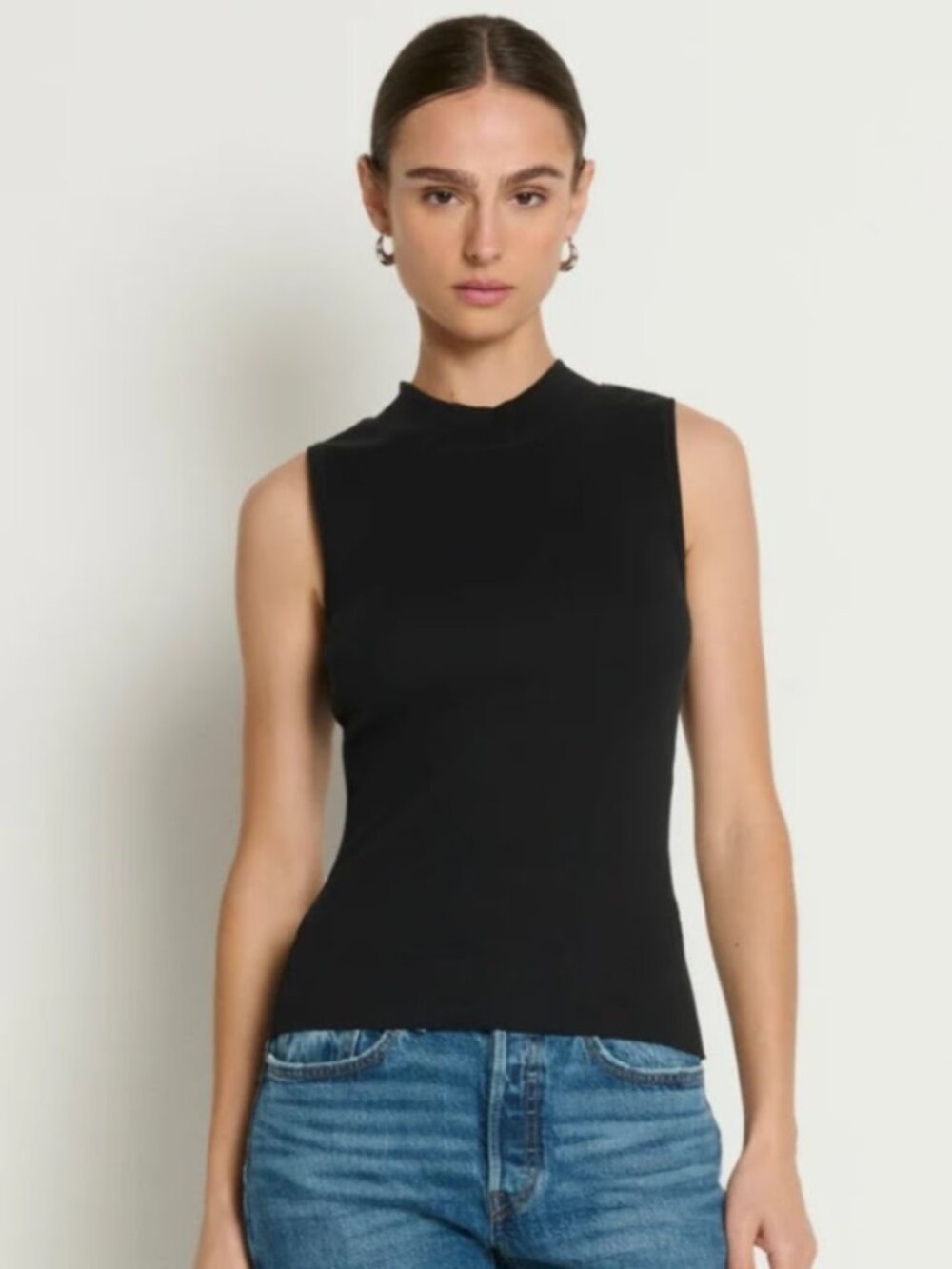 Nation Joan Ribbed Mock Neck Tank Top in Black 90s Minimalist Chic Women's S - Picture 2 of 10